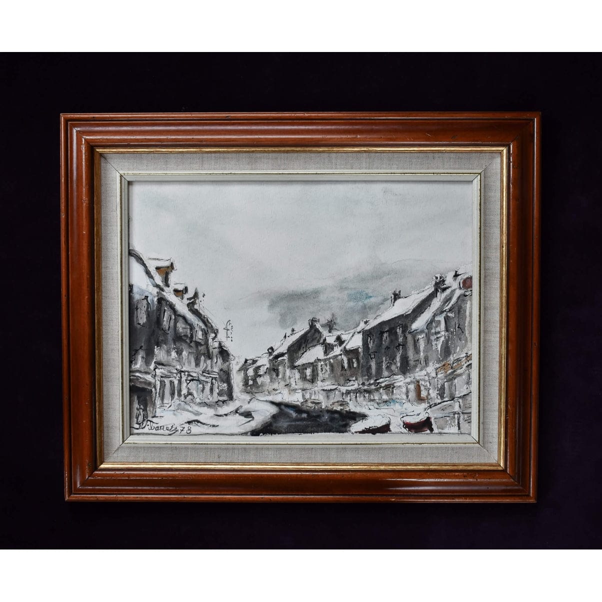 Ibanez French winter scene snow-covered rooftops monochrome 1978
