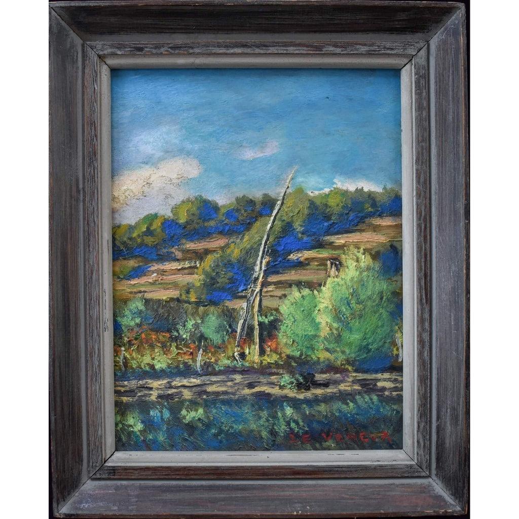 Robert Jaeger 1945 mountain landscape stream oil on wood frame
