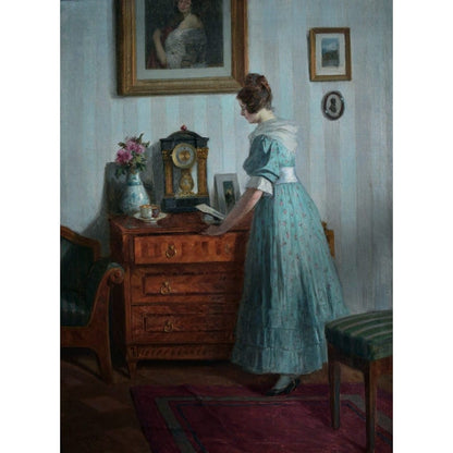 1923 oil painting by Robert Scheffer of woman in blue in Viennese interior, realist style, for sale at Winckelmann Gallery.