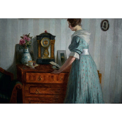 1923 oil painting by Robert Scheffer of woman in blue in Viennese interior, realist style, for sale at Winckelmann Gallery.