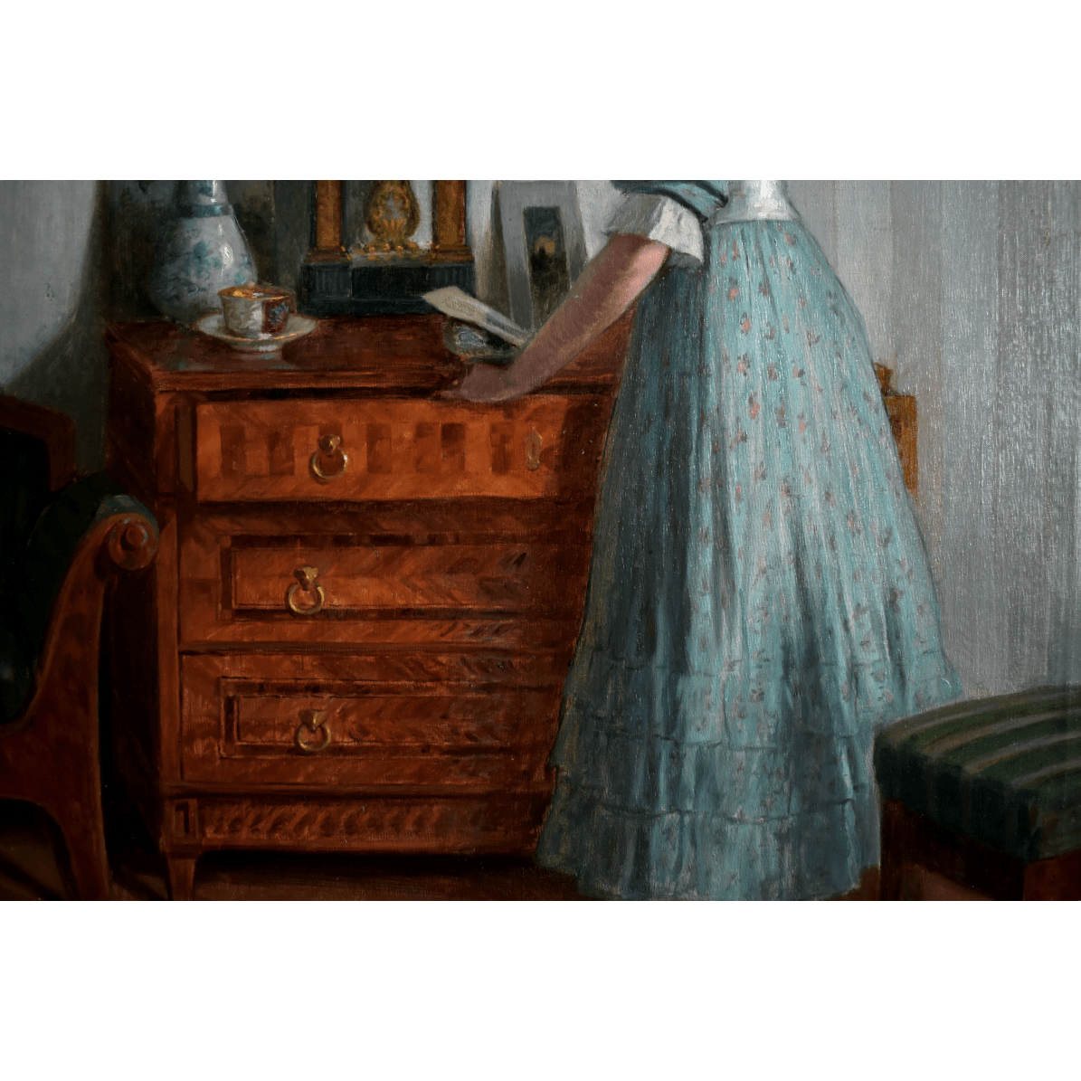 1923 oil painting by Robert Scheffer of woman in blue in Viennese interior, realist style, for sale at Winckelmann Gallery.
