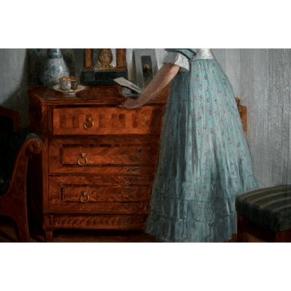 1923 oil painting by Robert Scheffer of woman in blue in Viennese interior, realist style, for sale at Winckelmann Gallery.