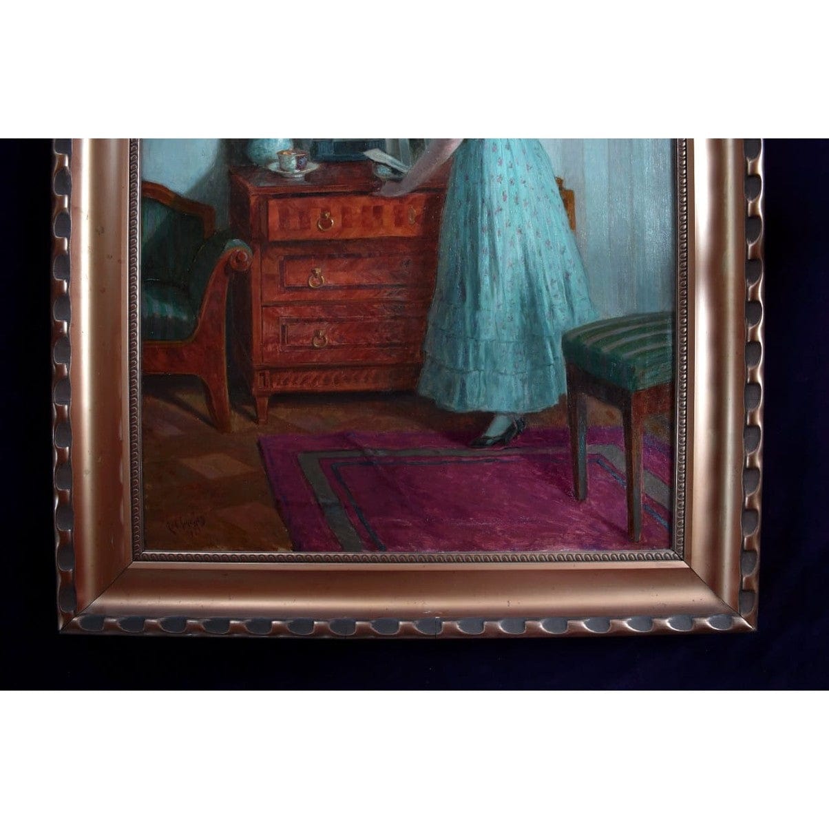 1923 oil painting by Robert Scheffer of woman in blue in Viennese interior, realist style, for sale at Winckelmann Gallery.