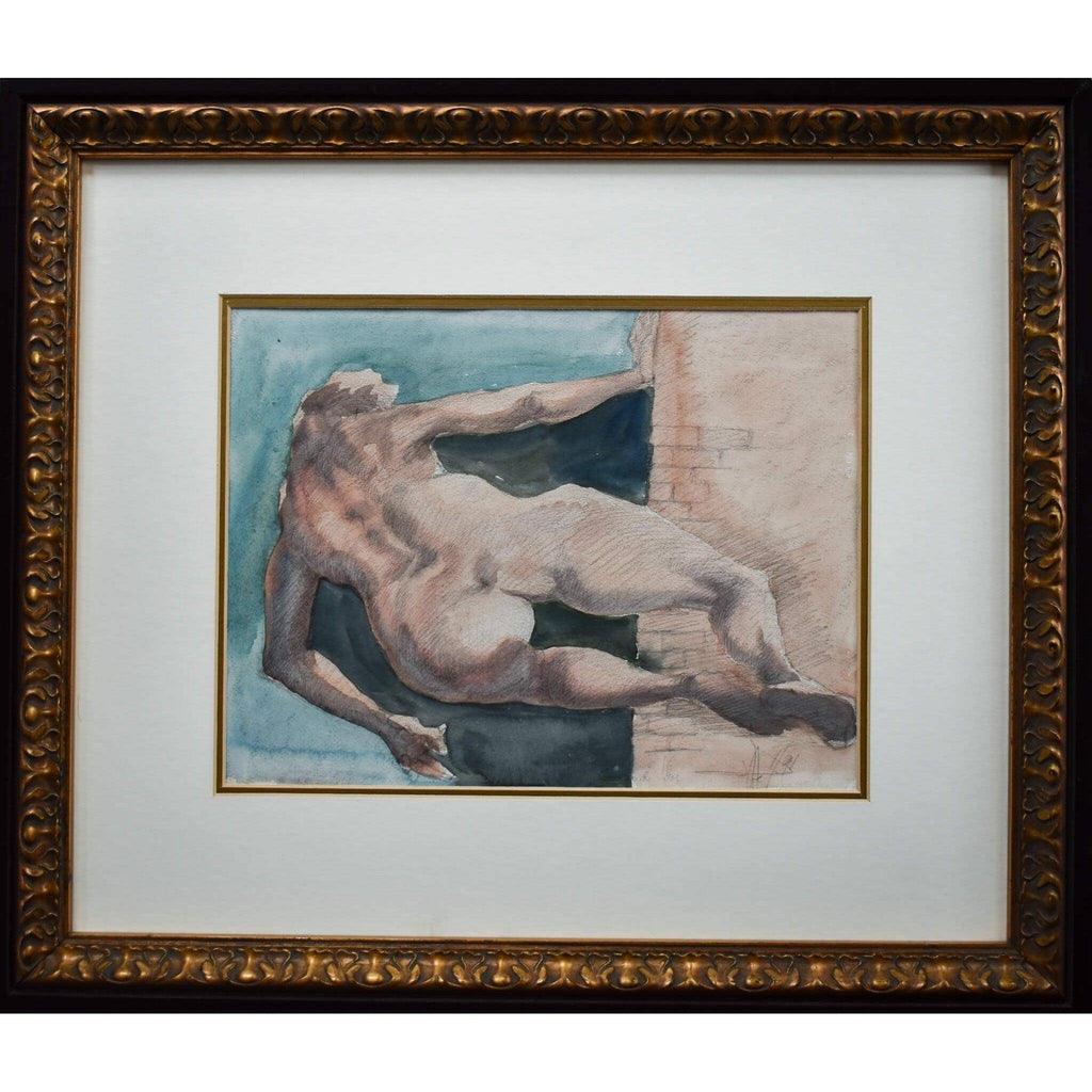 Roger Coppe 1991 watercolour Naked Back in frame Belgian expressionist

