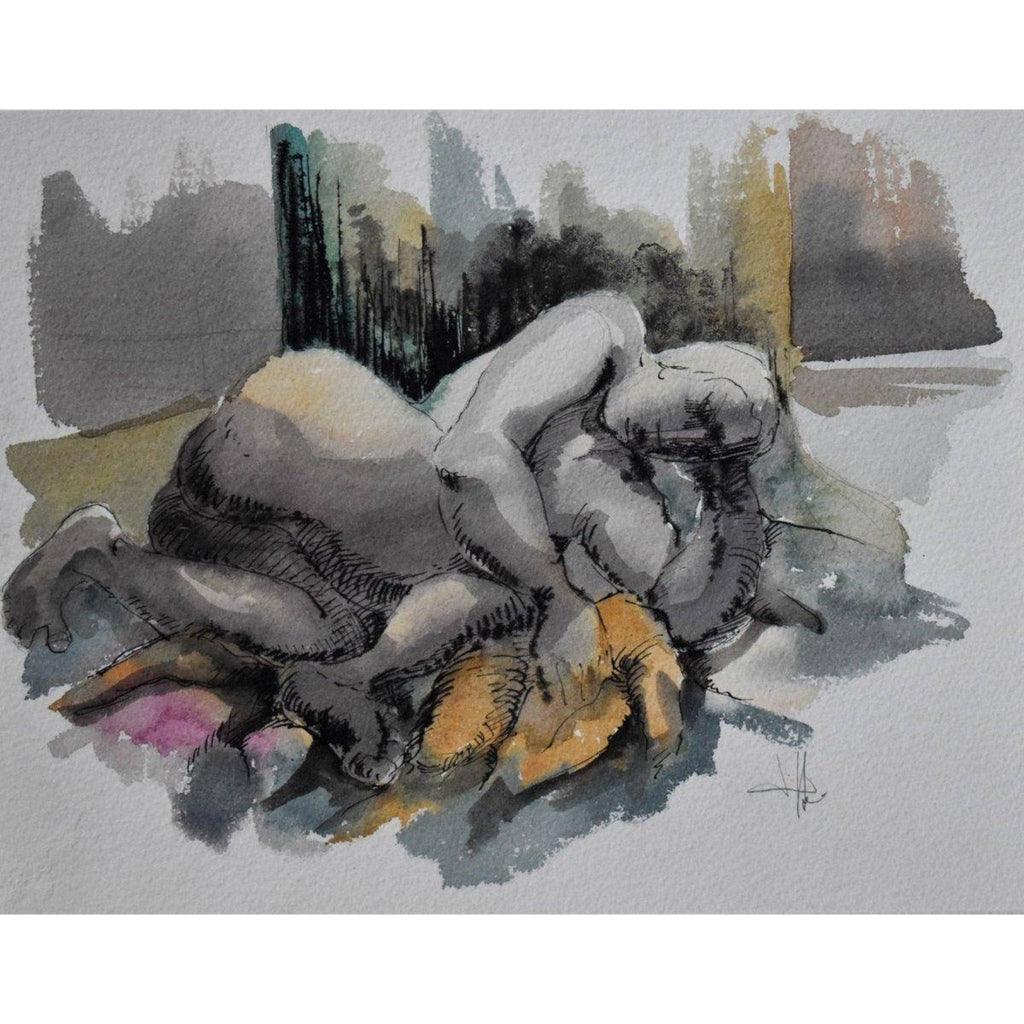 Roger Coppe nude figure full view Belgian modern watercolour painting
