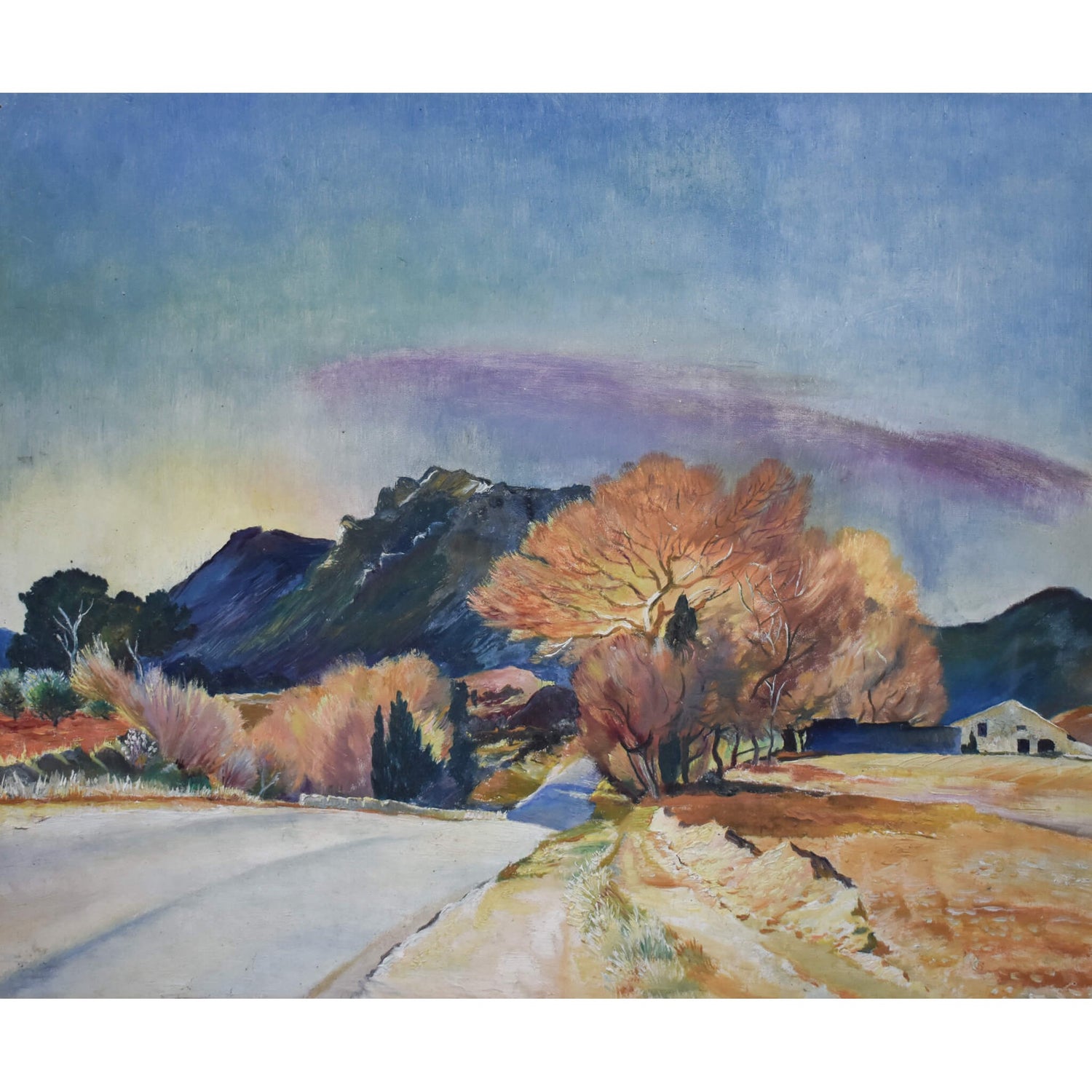 Vintage landscape oil painting Jura mountains view original 1951 by Sine Mackinnon for sale at Winckelmann Gallery
