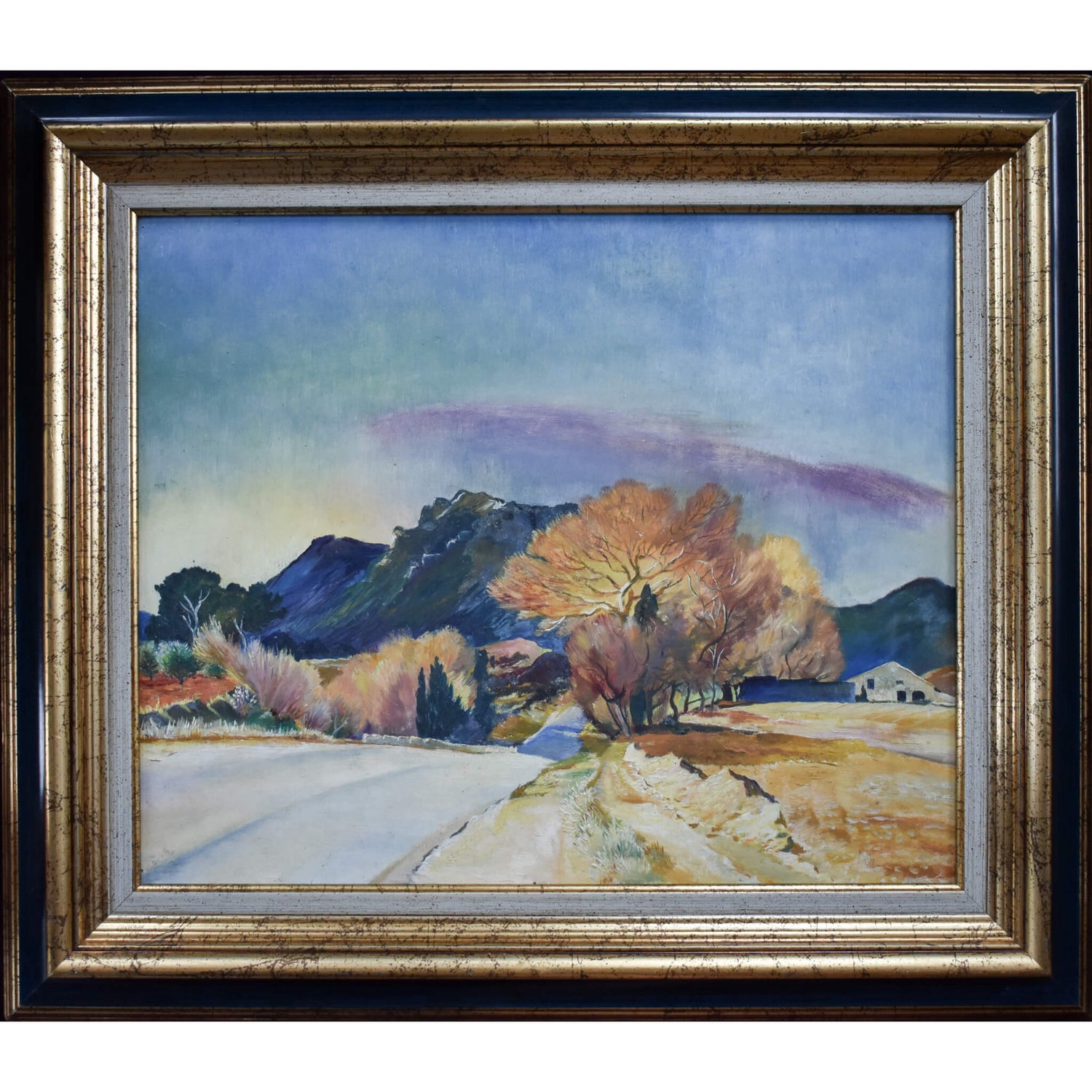 Vintage landscape oil painting Jura mountains view original 1951 by Sine Mackinnon for sale at Winckelmann Gallery