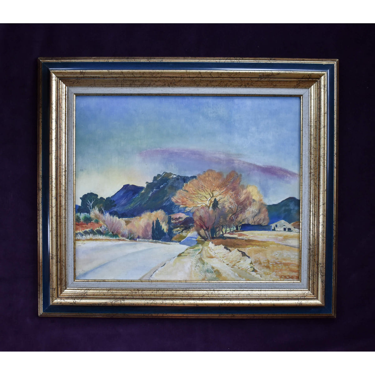 Vintage landscape oil painting Jura mountains view original 1951 by Sine Mackinnon for sale at Winckelmann Gallery