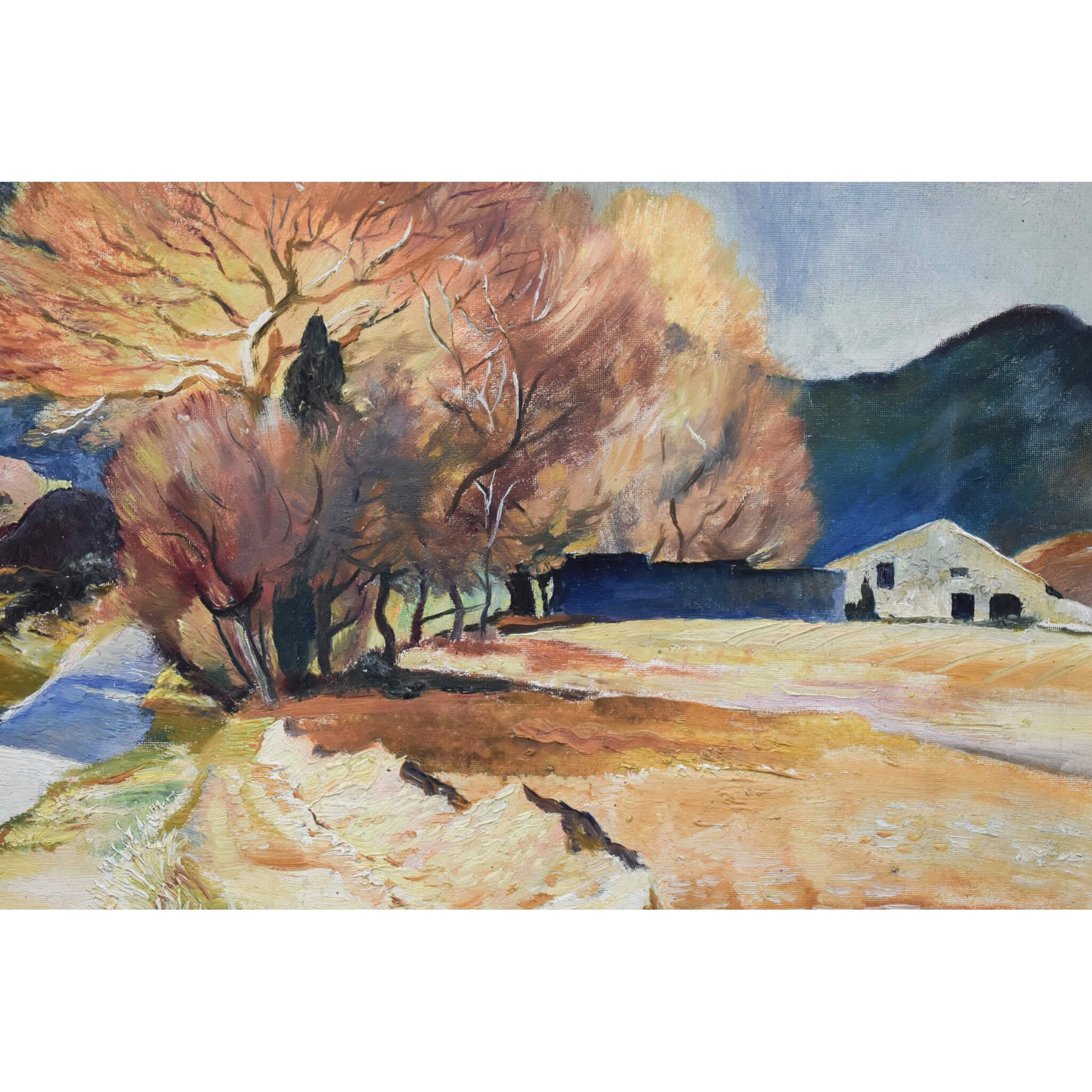 Vintage landscape oil painting Jura mountains view original 1951 by Sine Mackinnon for sale at Winckelmann Gallery