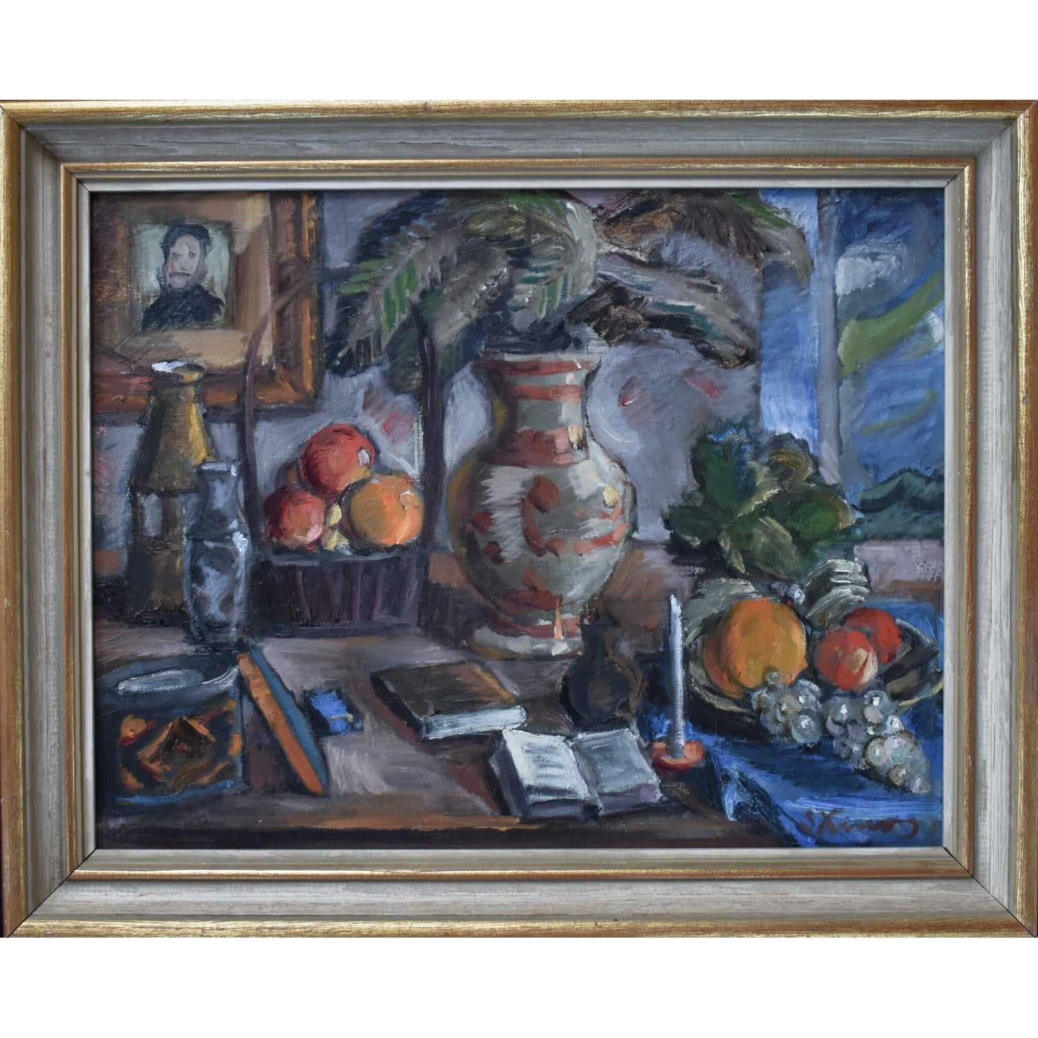 Still life oil painting by Spiros Xenos portrays a table with fruits, books and pottery for sale at Winckelmann Gallery