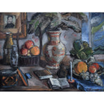 Still life oil painting by Spiros Xenos portrays a table with fruits, books and pottery for sale at Winckelmann Gallery