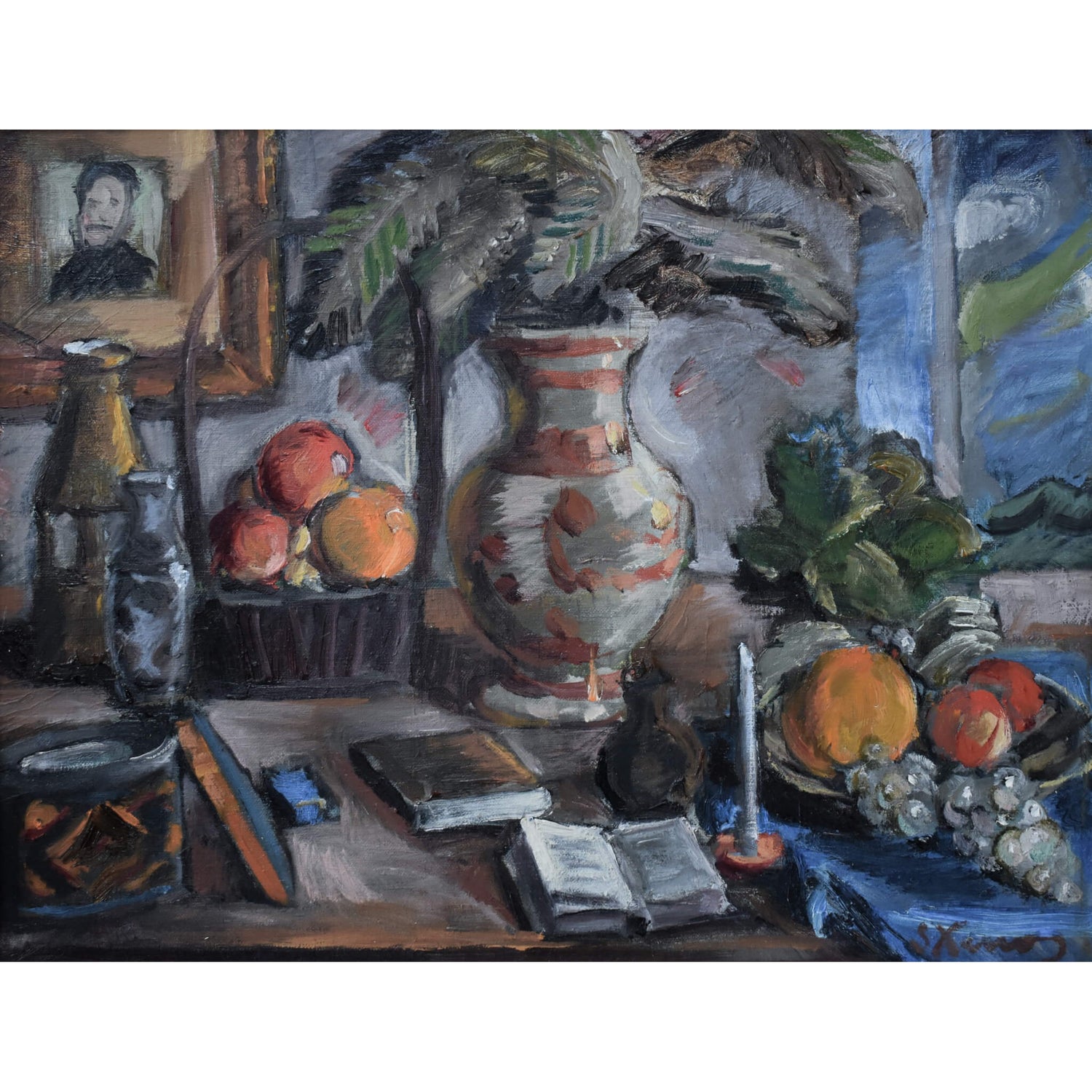 Still life oil painting by Spiros Xenos portrays a table with fruits, books and pottery for sale at Winckelmann Gallery