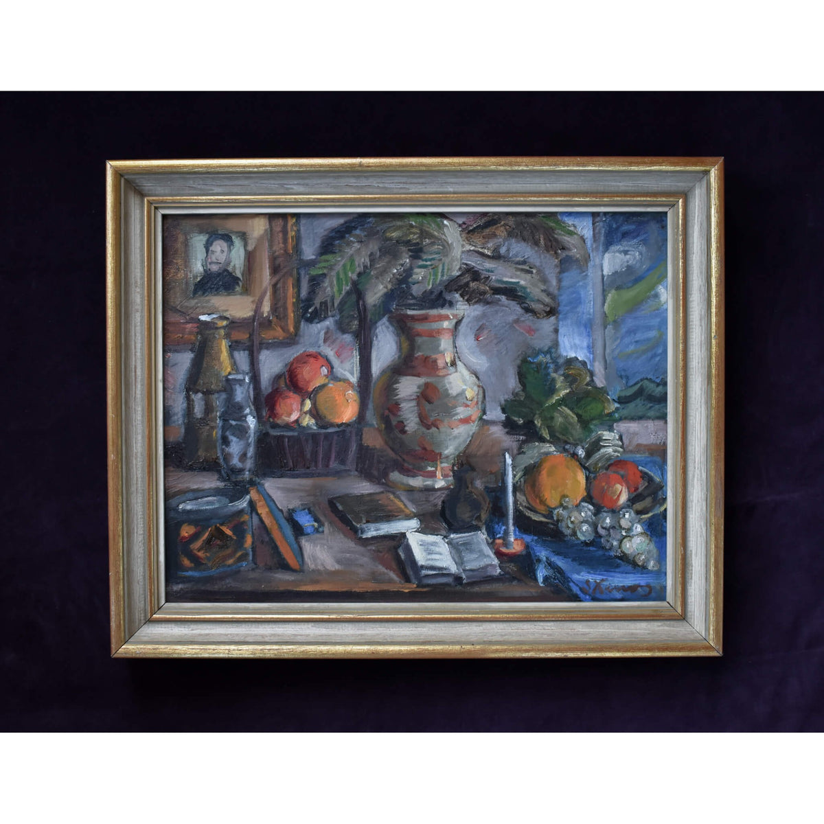 Still life oil painting by Spiros Xenos portrays a table with fruits, books and pottery for sale at Winckelmann Gallery