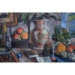 Still life oil painting by Spiros Xenos portrays a table with fruits, books and pottery for sale at Winckelmann Gallery