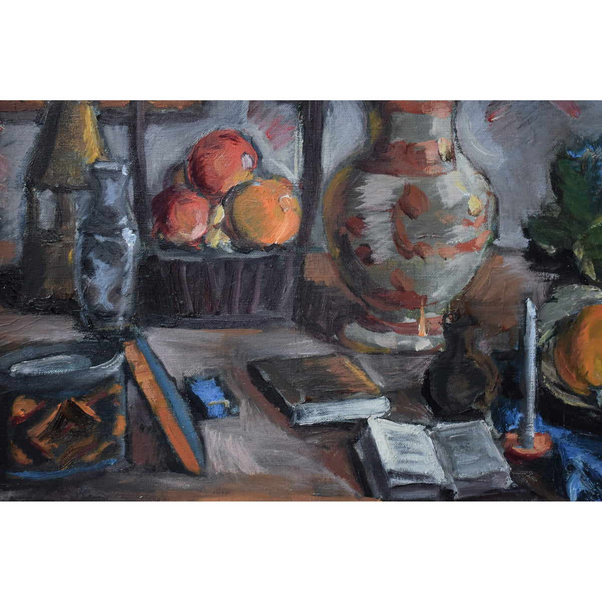 Still life oil painting by Spiros Xenos portrays a table with fruits, books and pottery for sale at Winckelmann Gallery