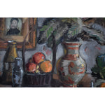 Still life oil painting by Spiros Xenos portrays a table with fruits, books and pottery for sale at Winckelmann Gallery