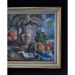 Still life oil painting by Spiros Xenos portrays a table with fruits, books and pottery for sale at Winckelmann Gallery