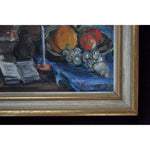 Still life oil painting by Spiros Xenos portrays a table with fruits, books and pottery for sale at Winckelmann Gallery