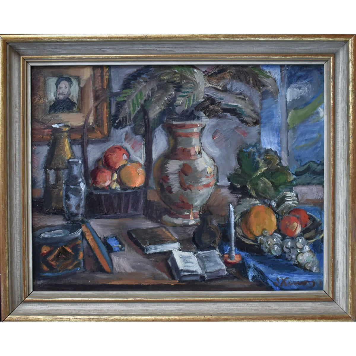 Spiros Xenos oil painting depicting a still life with fruits books and pottery Winckelmann Gallery