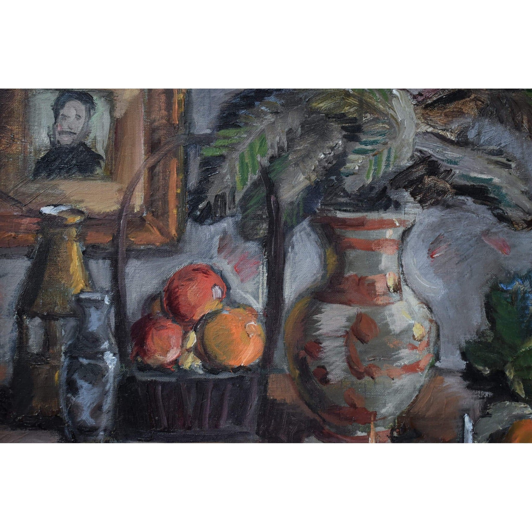 Spiros Xenos oil painting depicting a still life with fruits books and pottery Winckelmann Gallery