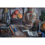 Spiros Xenos oil painting depicting a still life with fruits books and pottery Winckelmann Gallery