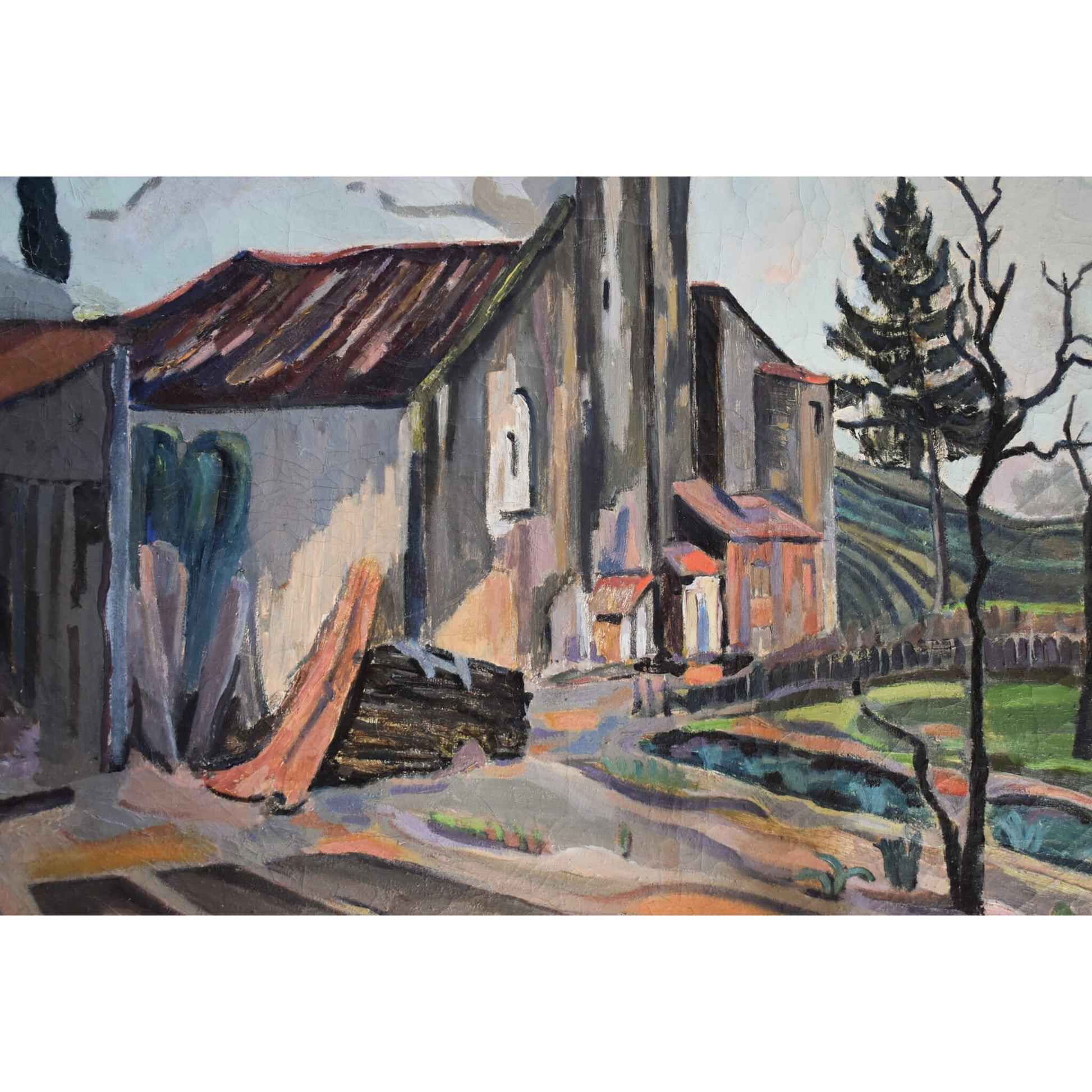 Landscape oil painting French countryside with a chapel circa 1950 by Stéphane Cara, for sale at Winckelmann Gallery