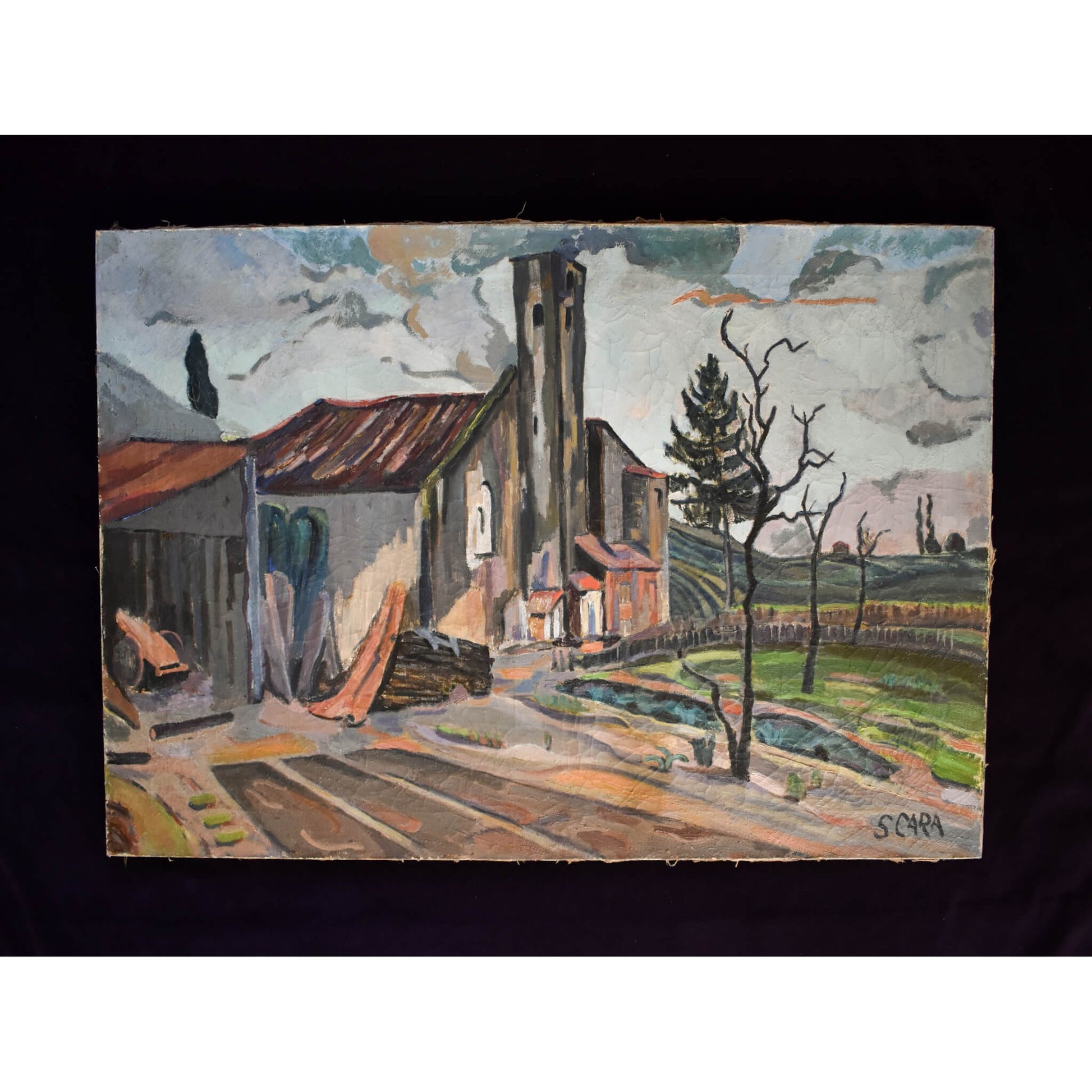 Landscape oil painting French countryside with a chapel circa 1950 by Stéphane Cara, for sale at Winckelmann Gallery