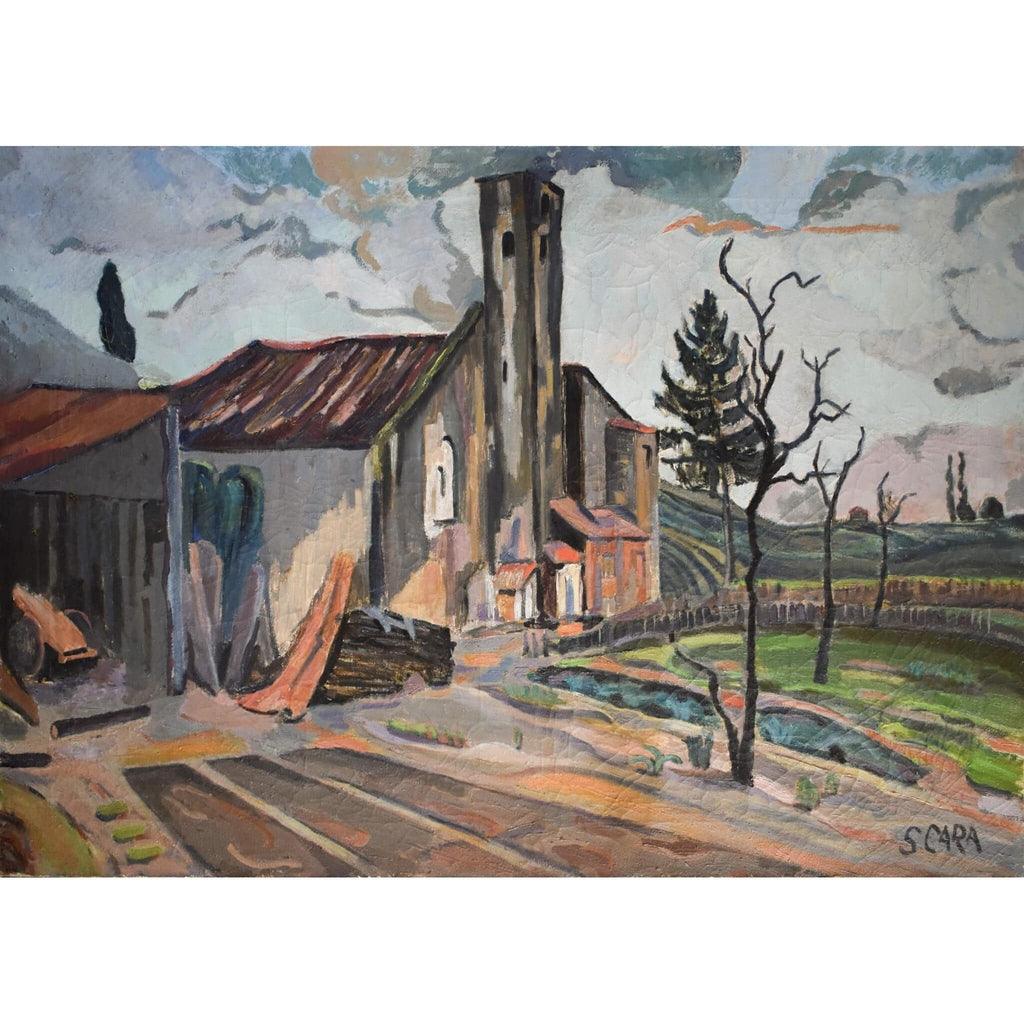 Stéphane Cara 1950s Sainte-Marie chapel Saint-Emilion oil painting
