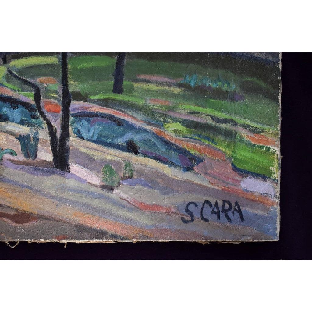 Artist signature detail Stéphane Cara lower corner landscape painting
