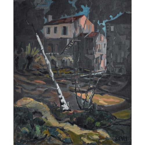 Stéphane Cara oil painting old village view twilight winter landscape
