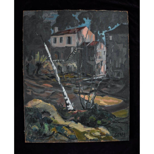 Stéphane Cara village with stream winter scene French post-impressionist
