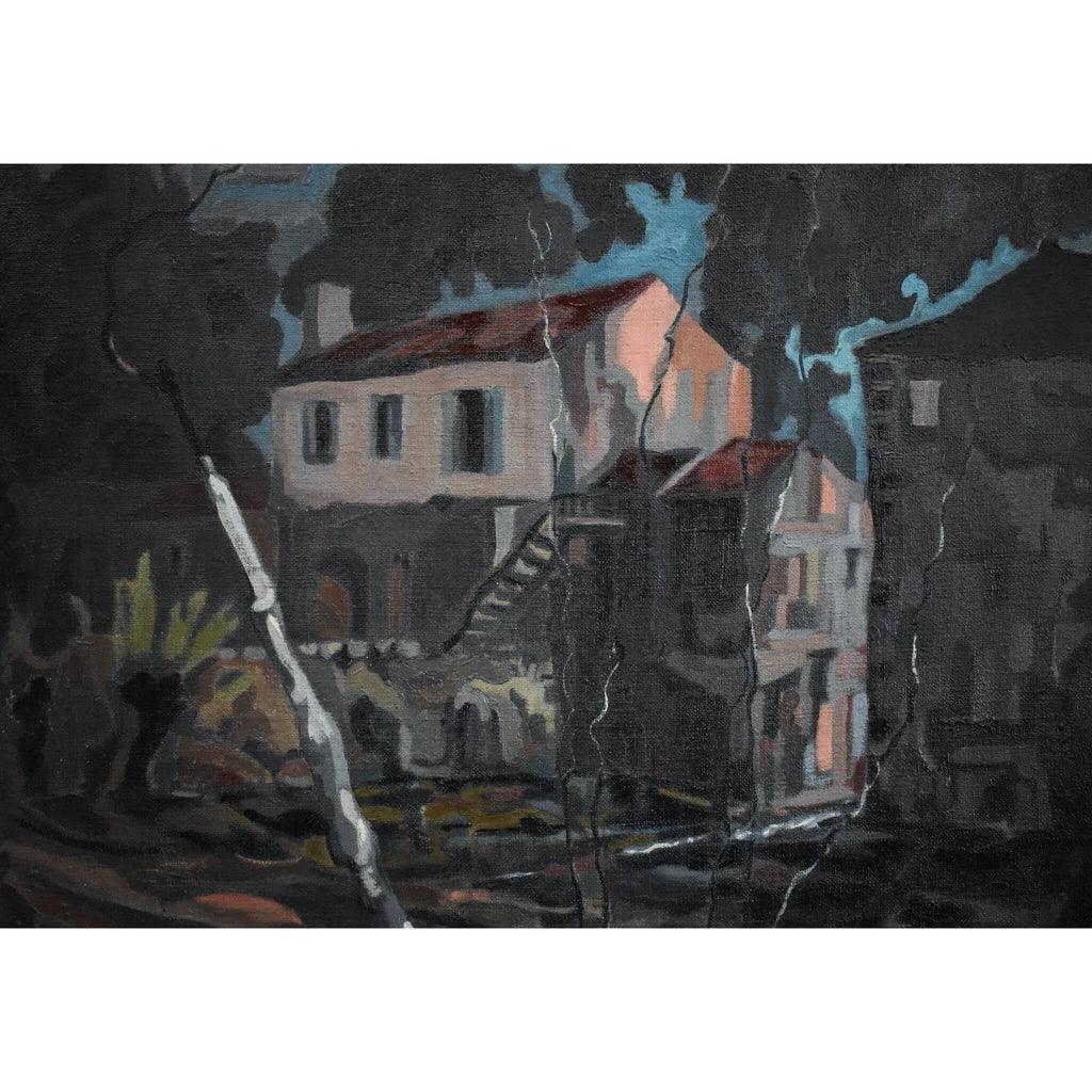 Close-up detail of village buildings and stream Stéphane Cara oil
