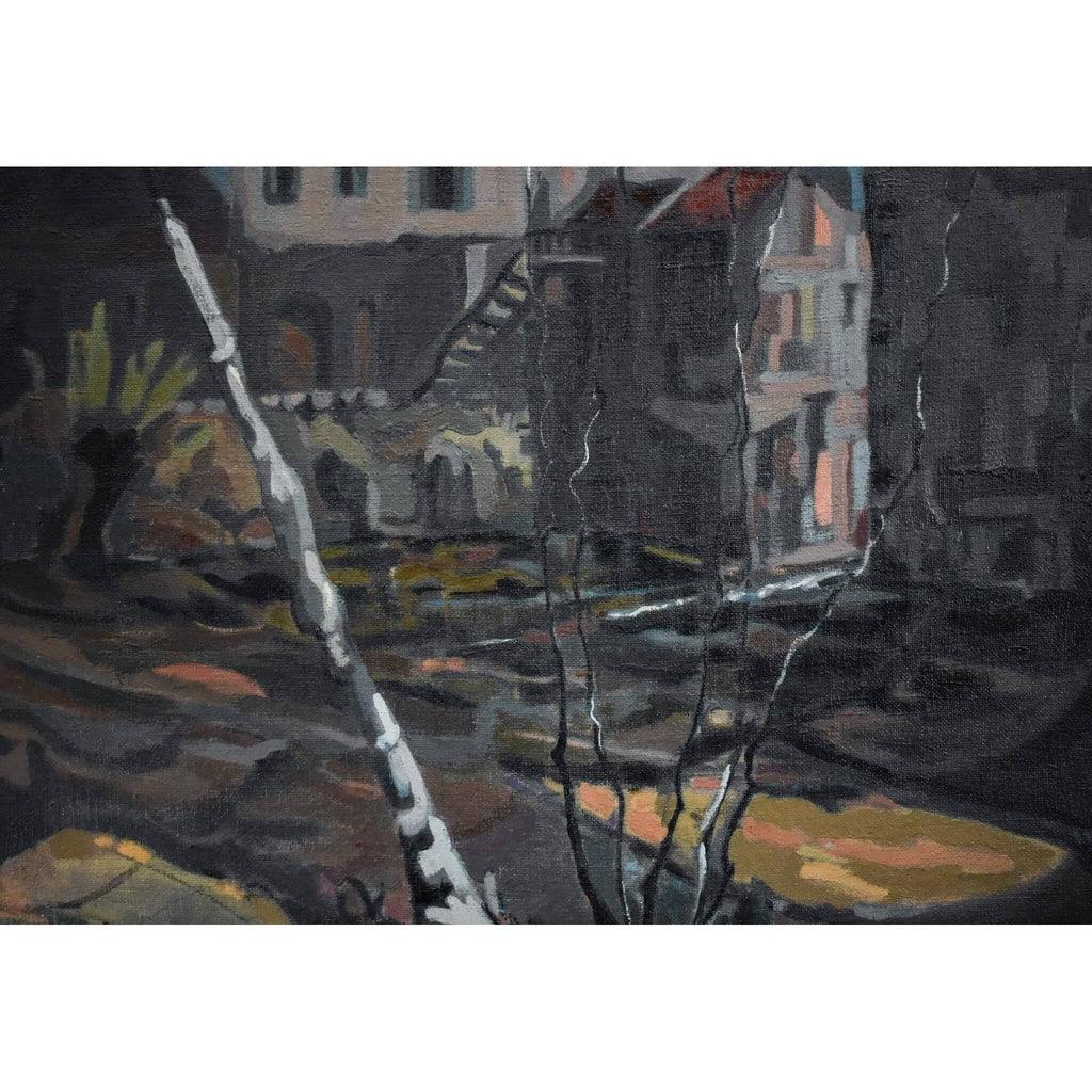 Detail view of brushwork and color planes Stéphane Cara painting
