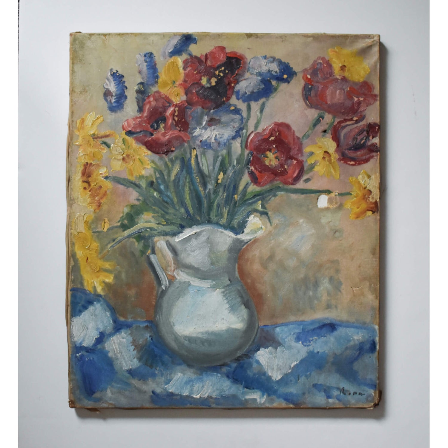 Vintage still life oil painting flowers in a vase circa 1930 to be restored for sale at Winckelmann Gallery