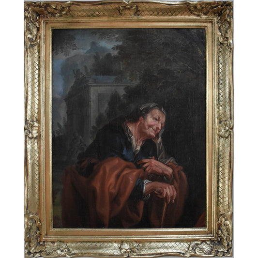 17th century German Baroque oil painting depicting Vertumnus as elderly woman representing winter allegory, school of Ottmar Elliger, 65x51cm on canvas