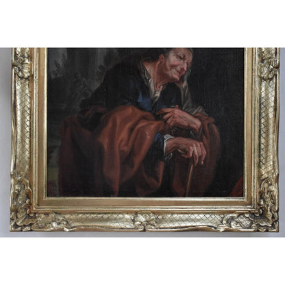 17th century German Baroque oil painting depicting Vertumnus as elderly woman representing winter allegory, school of Ottmar Elliger, 65x51cm on canvas