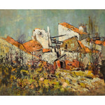 Vintage oil painting representing a landscape with and old village by Jacques Sokol for sale at Winckelmann Gallery