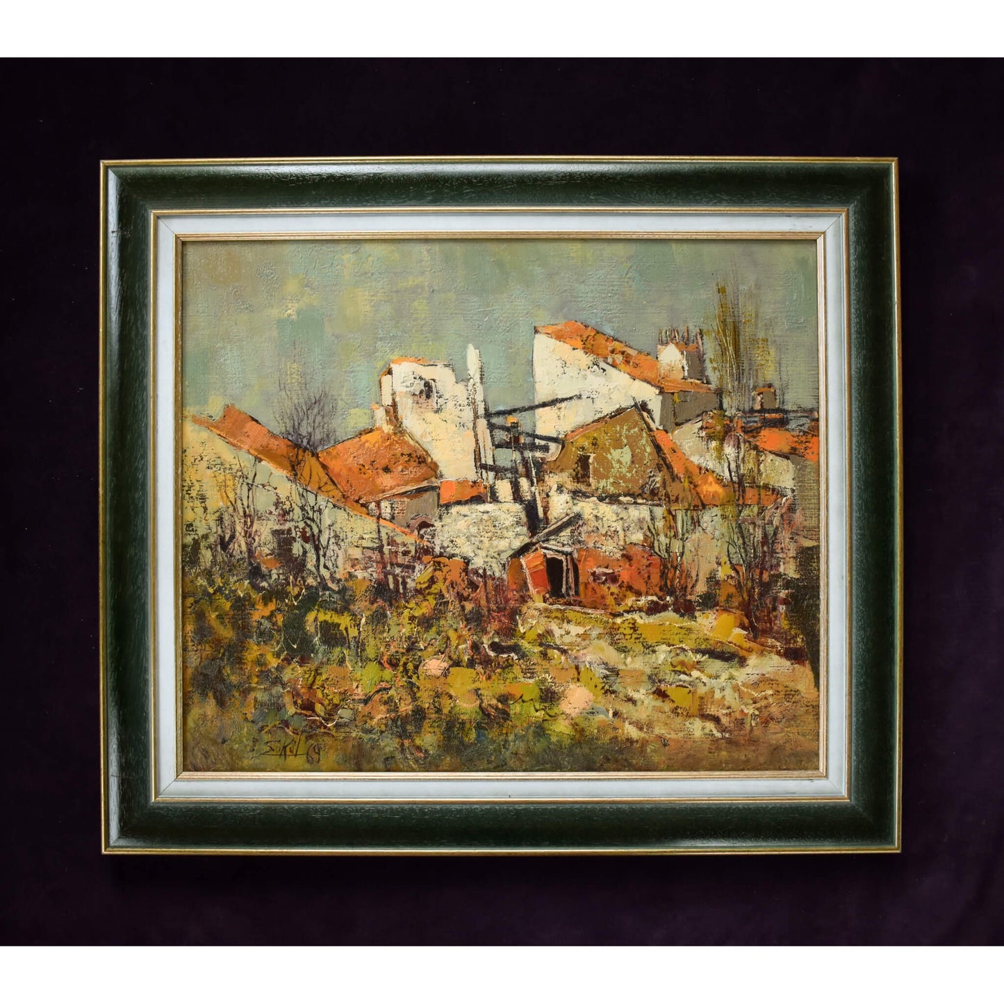 Vintage oil painting representing a landscape with and old village by Jacques Sokol for sale at Winckelmann Gallery