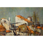 Vintage oil painting representing a landscape with and old village by Jacques Sokol for sale at Winckelmann Gallery