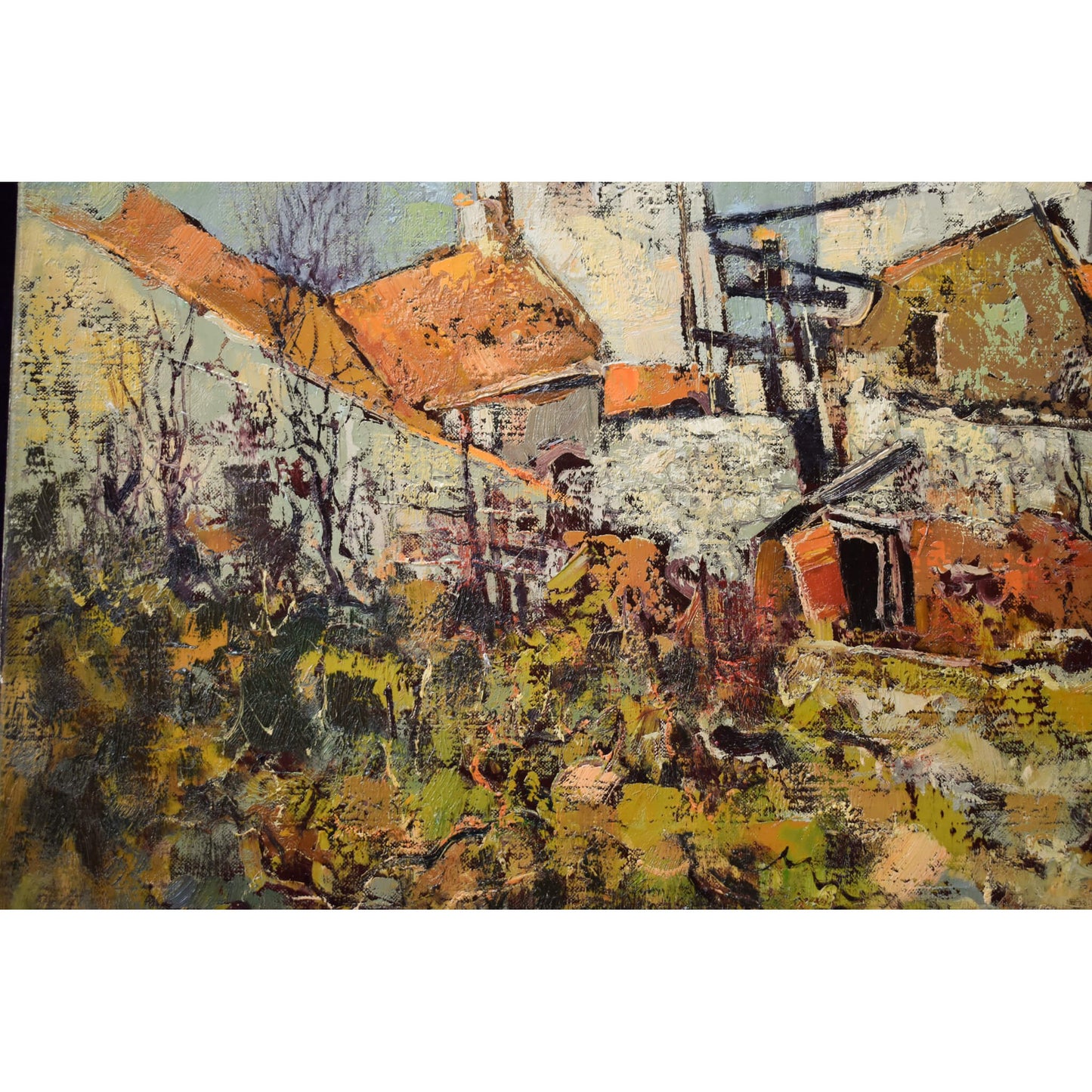 Vintage oil painting representing a landscape with and old village by Jacques Sokol for sale at Winckelmann Gallery