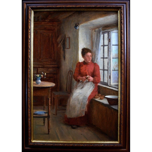 William Eadie oil painting woman red William Eadie oil painting woman red dress peeling potatoes window Victorian domestic scene 1890s Scottish St Ives artist