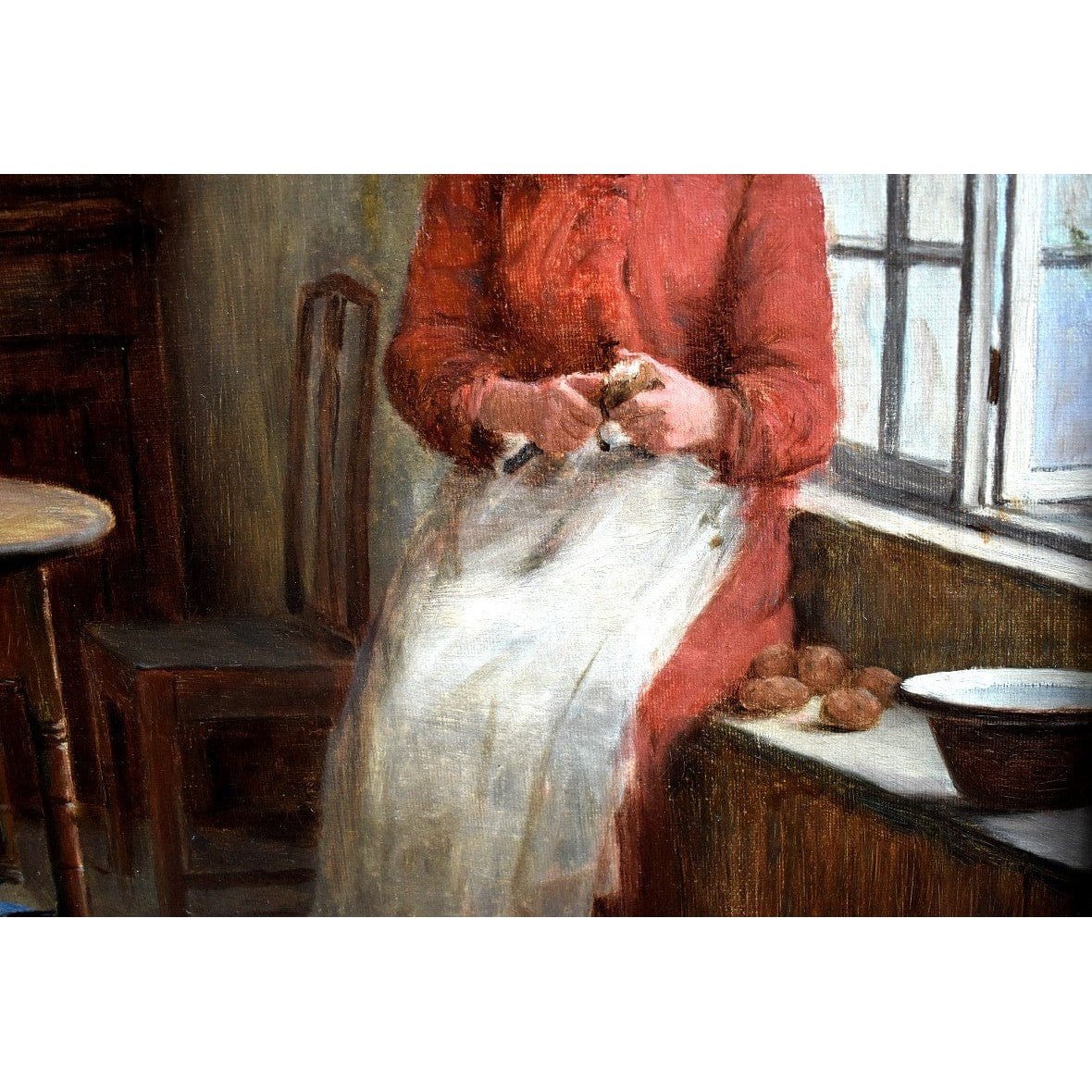 William Eadie oil painting woman red dress peeling potatoes window Victorian domestic scene 1890s Scottish St Ives artist