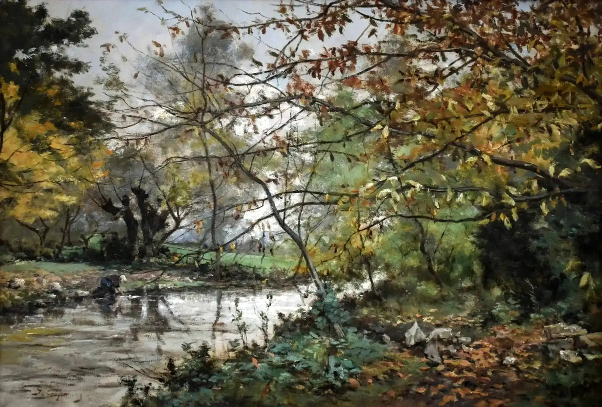 European art collection banner featuring autumn landscape painting with trees and river, representing authentic European artistic traditions