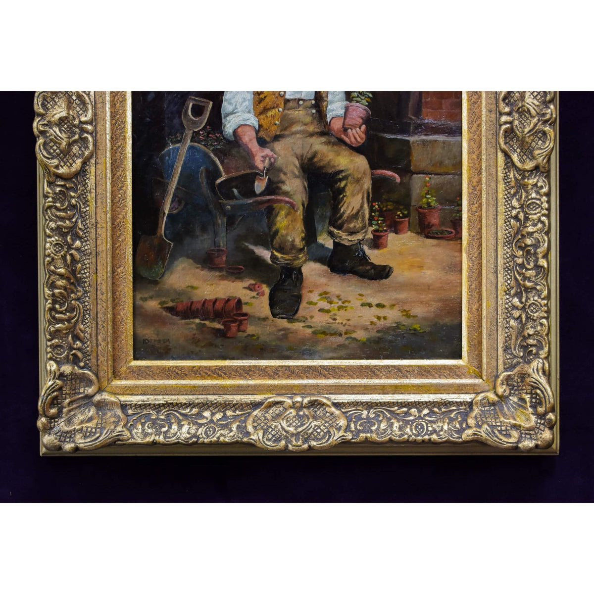 19th century European oil painting depicting an elderly gardener sitting in a wheelbarrow for sale at Winckelmann Gallery