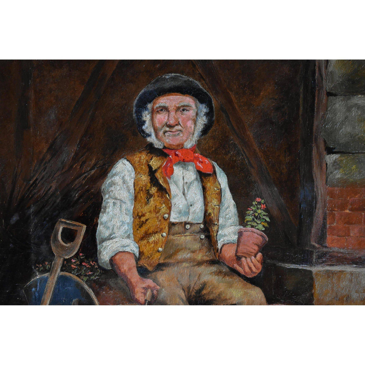 19th century European oil painting depicting an elderly gardener sitting in a wheelbarrow for sale at Winckelmann Gallery