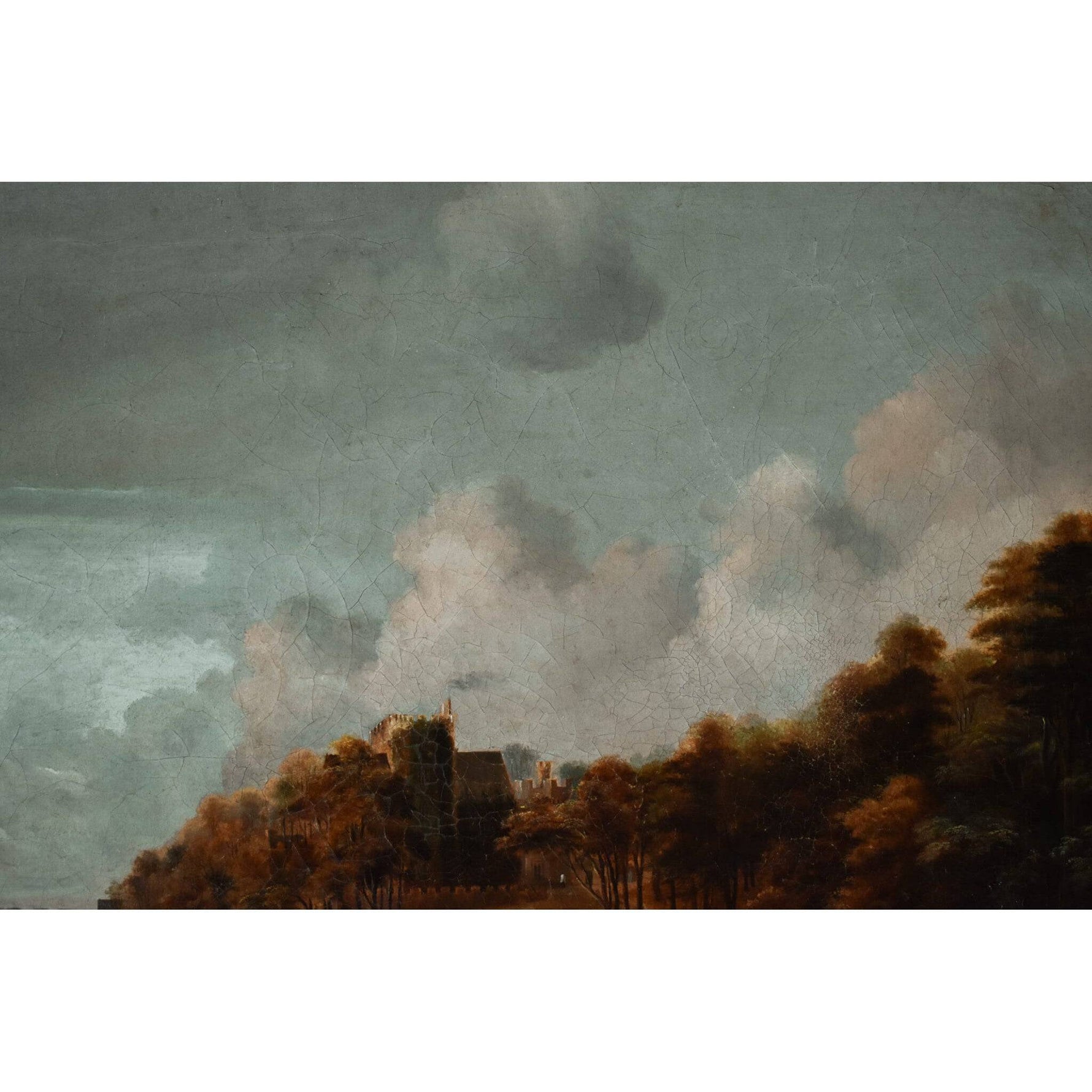 Antique oil painting coastal landscape with a castle 19th century European school for sale at Winckelmann Gallery