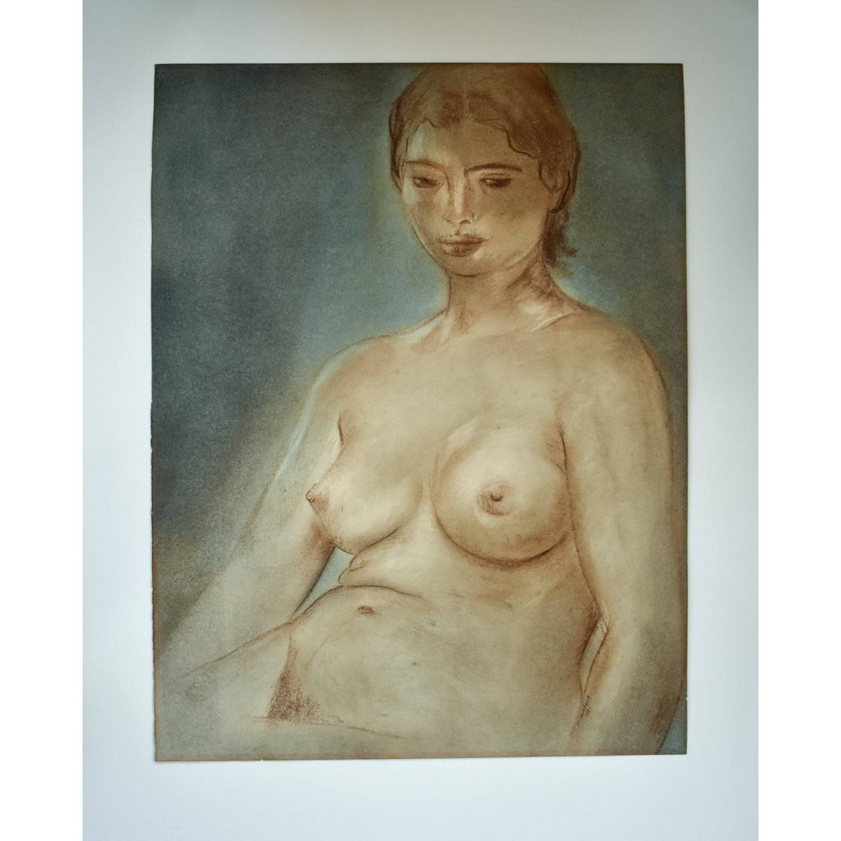 Vintage drawing, nude figure woman, pastel painting original 1960, by Louis Muhlstock, for sale at Winckelmann Gallery