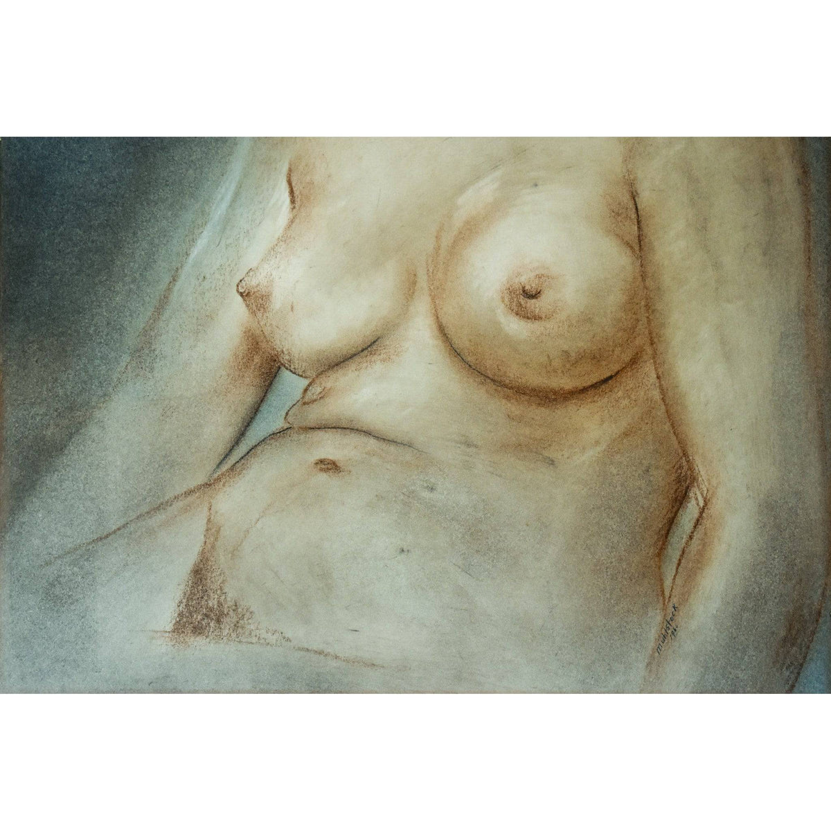 Vintage drawing, nude figure woman, pastel painting original 1960, by Louis Muhlstock, for sale at Winckelmann Gallery