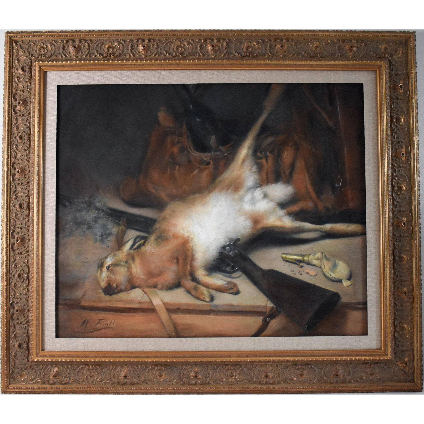 Antique still life painting pastel hunting hare circa 1900 by Michel Fronti for sale at Winckelmann Gallery