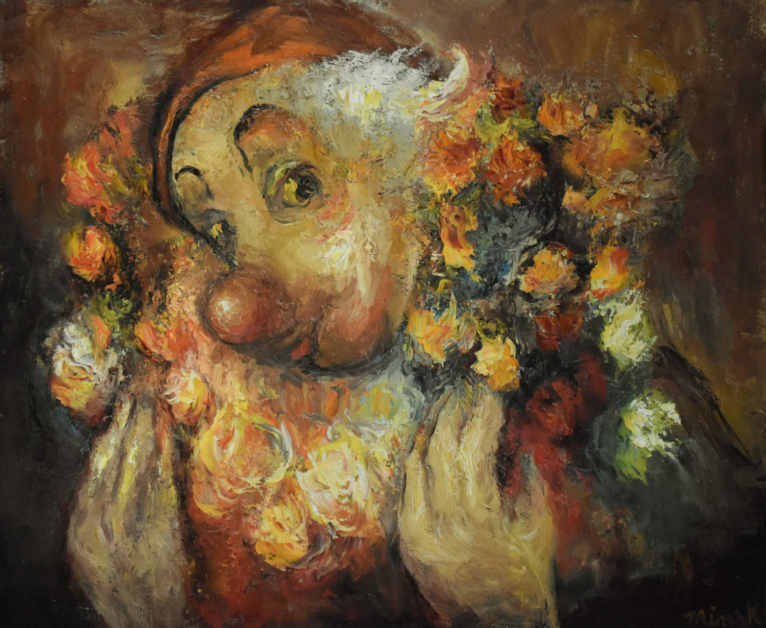 Portrait oil painting clown with roses vintage expressionist art signed Minsk for sale at Winckelmann Gallery